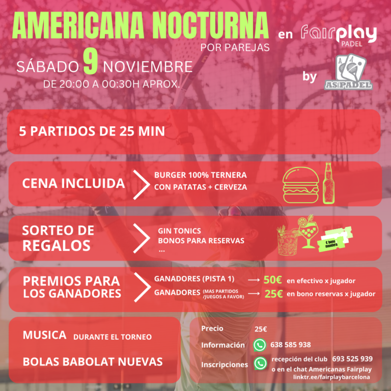 americana nocturna parejas reserva pista padel barcelona